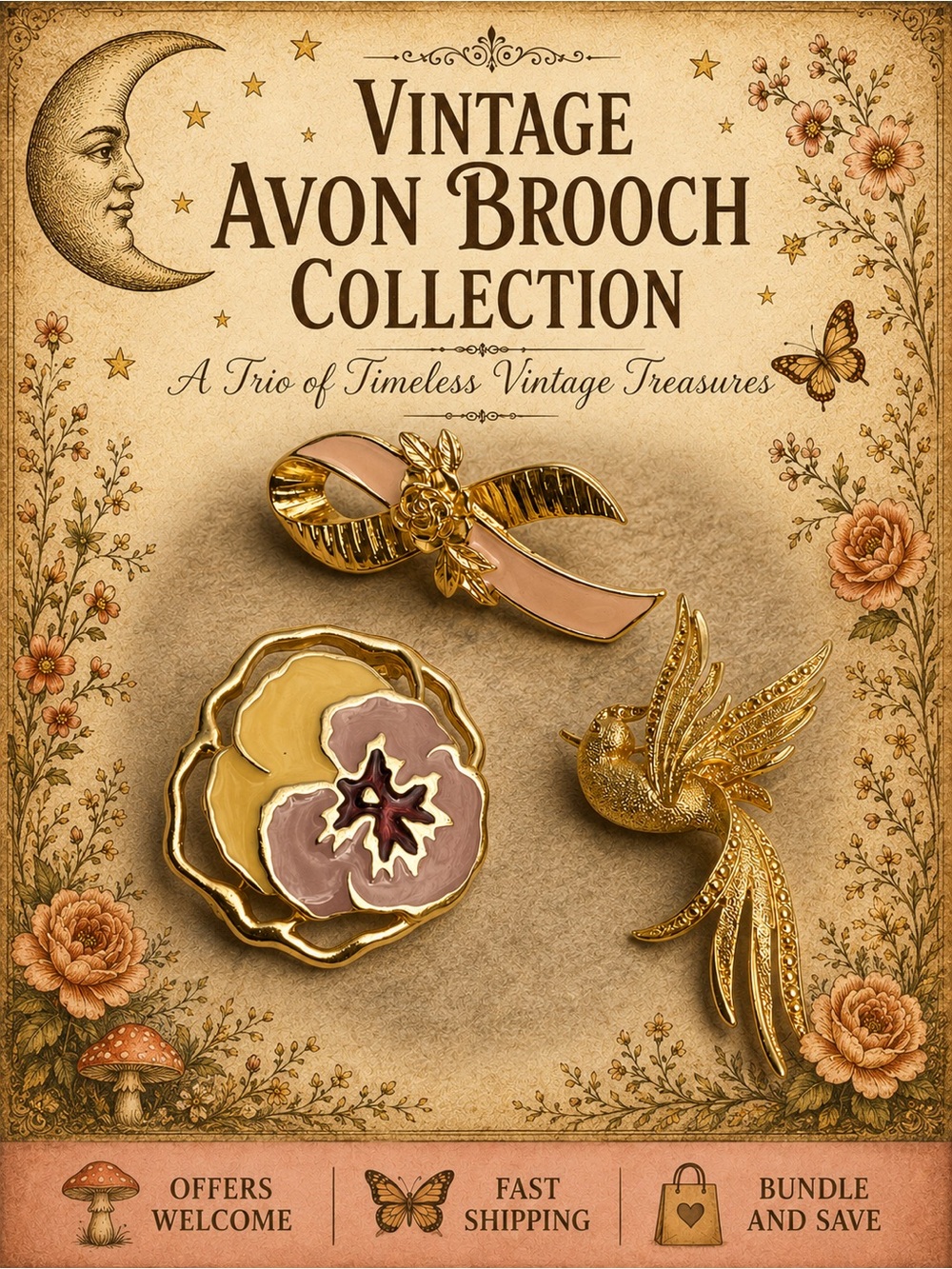 Vintage Avon Brooch Set Bird Bow & Floral Gold Tone Pins